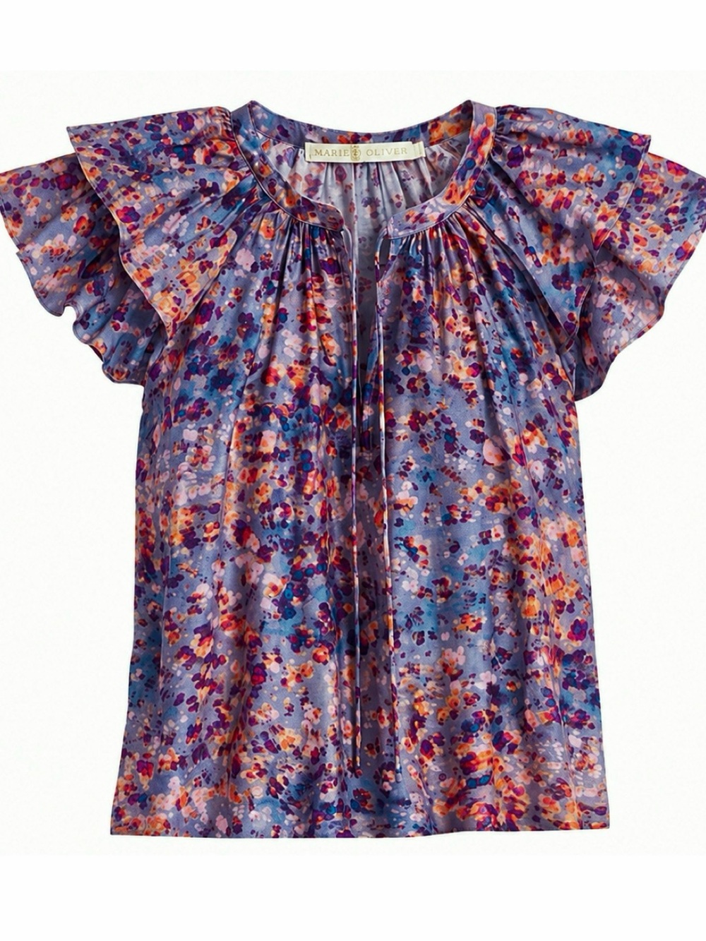 Marie Oliver “Libba” Flutter Sleeve Silk Blend Top | Abstract Floral Print | XS